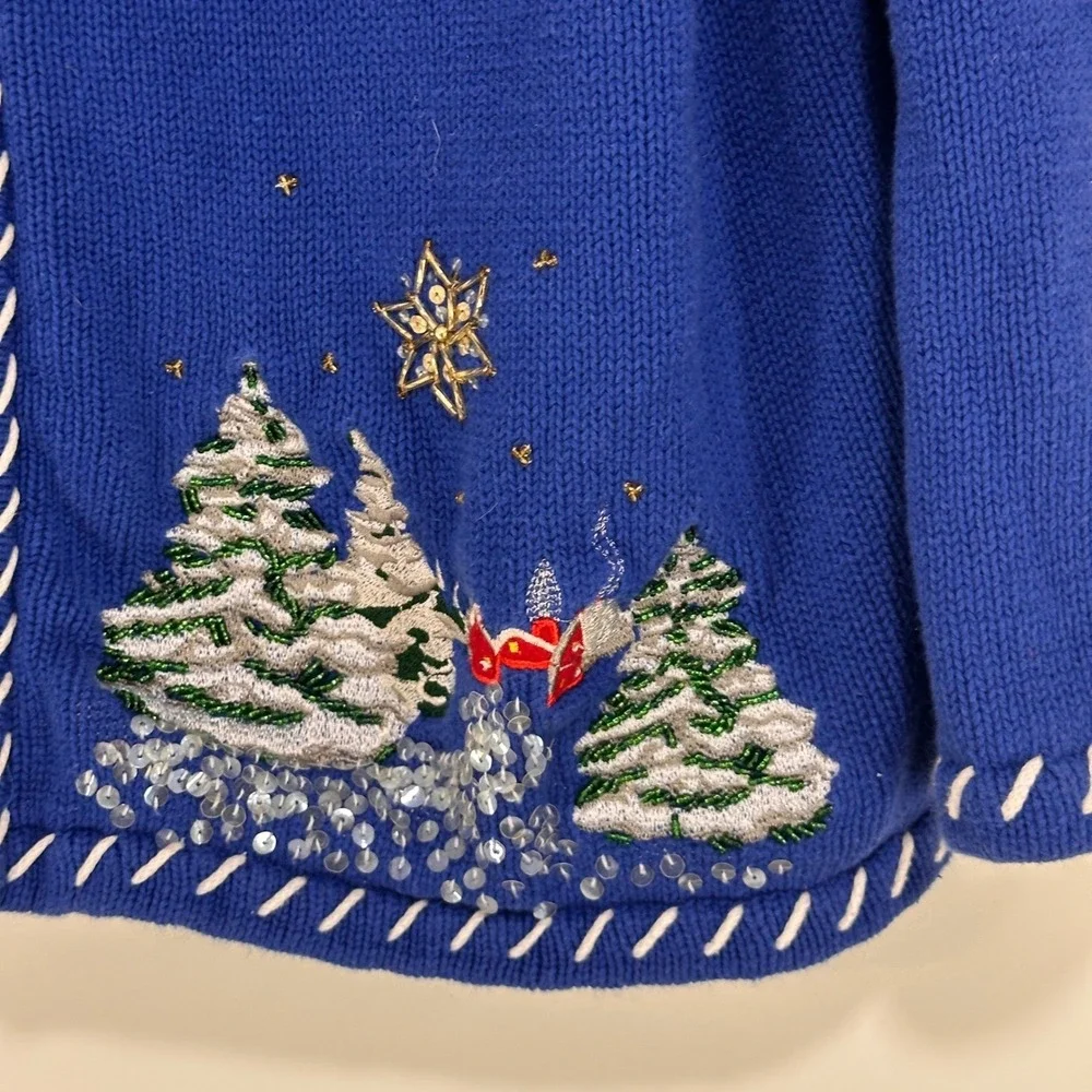 Hampshire Studio Blue Christmas Tree Zipper Cardigan Sweater‎ L Beaded Holiday - Picture 2 of 8